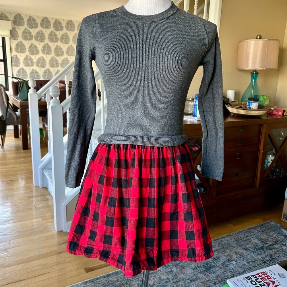 Gap Girls XL Red Buffalo Plaid 2-in-1 Sweater Dress Cotton Grey